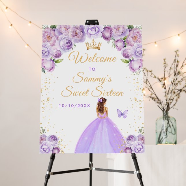 Purple Brown Hair Princess Sweet Sixteen Welcome Foam Board (In Situ (Stand))