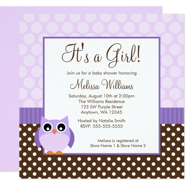 Purple Brown Owl Polka Dot Girl Baby Shower Invitation