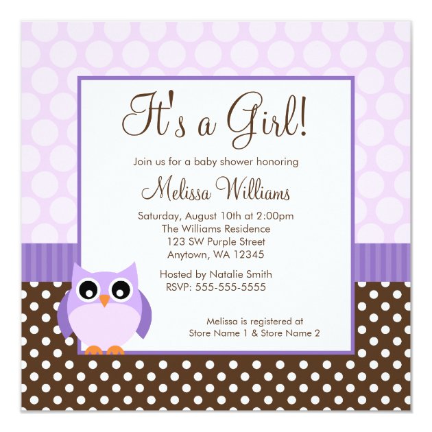 Purple Brown Owl Polka Dot Girl Baby Shower Invitation
