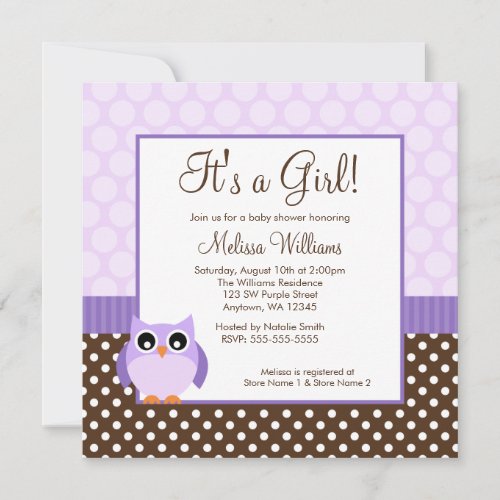 Purple Brown Owl Polka Dot Girl Baby Shower Personalized Announcement