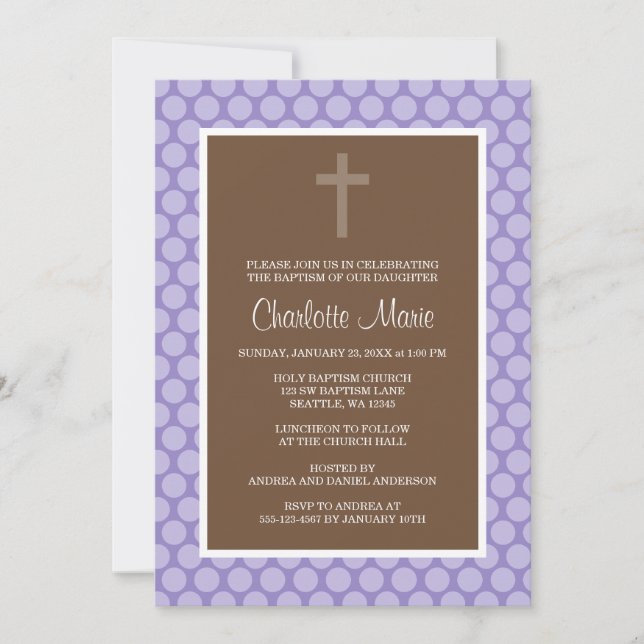 Purple Brown Polka Dot Cross Baptism Christening Invitation (Front)