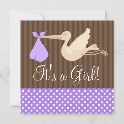 Purple Brown Stork Dots Girl Baby Shower Custom Invitation