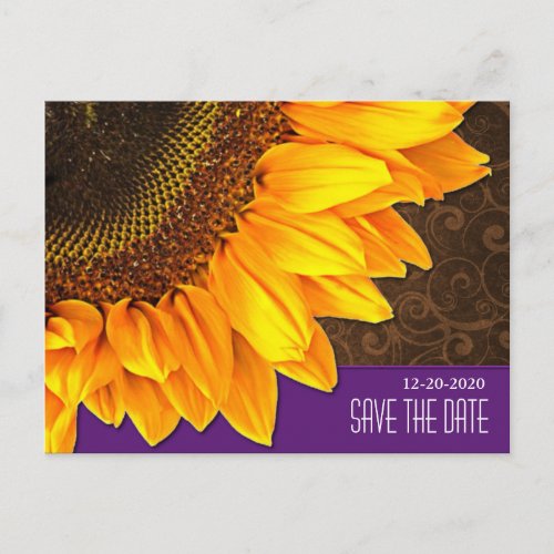 Purple  Brown Sunflower Wedding Save the Dates Announcement Postcard
