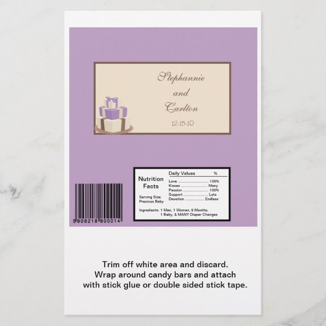 Purple/Brown Wedding Cake Large Candy Bar Wrapper (Front)
