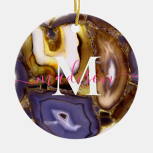 Purple Brown White Agate stone pattern monogram Ceramic Ornament