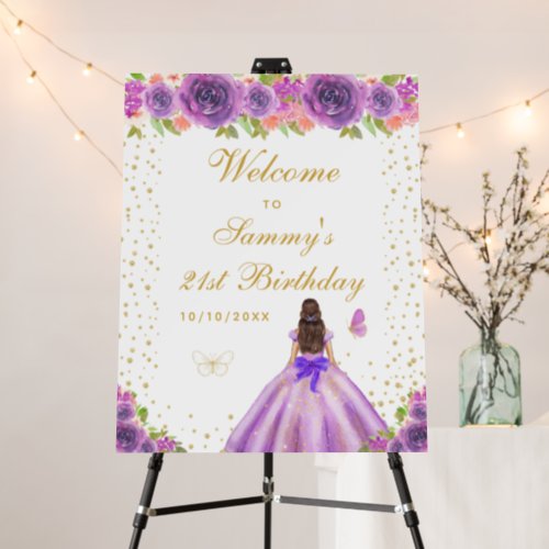 Purple Brunette Hair Girl Birthday Party Welcome Foam Board