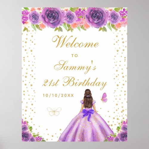 Purple Brunette Hair Girl Birthday Party Welcome Poster