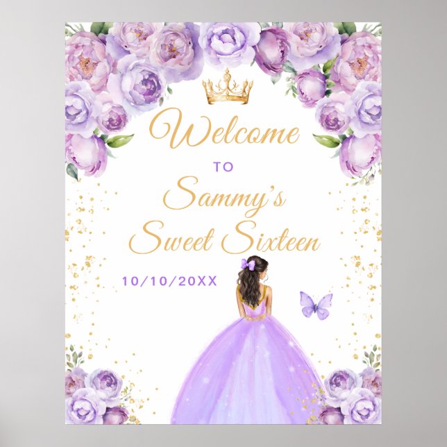Purple Brunette Princess Sweet Sixteen Welcome Poster (Front)