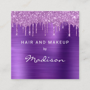 Purple Brush Metal Pink Drip Glitter Hair & Makeup Square Business Card