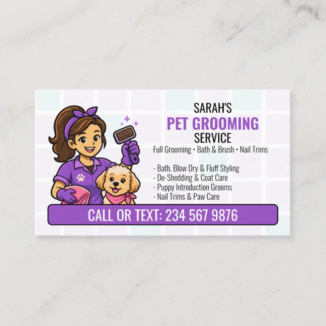 Purple Brush Puppy Groomer Girl QR Grooming Business Card