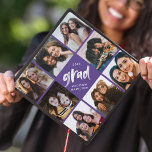 Purple | Brush Script Grad 8 Photo Collage Graduation Cap Topper<br><div class="desc">Celebrate your graduation day in style with a photo collage graduation cap topper! The custom graduation cap topper features "grad" in white painted lettering with a purple background (or color of your choice) surrounded by 8 of the graduate's favorite photos. Choose photos of your friends, family, pets, etc. Personalize the...</div>
