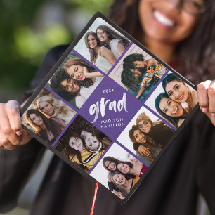 Purple Brush Script Grad 8 Photo Collage Graduation Cap Topper