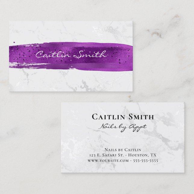 Purple Brush Stroke Silver White Foil Marble Business Card (Front/Back)