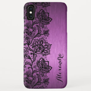 Purple Brushed Aluminum & Black Floral Lace iPhone XS Max Case