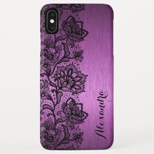 Purple Brushed Aluminum  Black Floral Lace iPhone XS Max Case