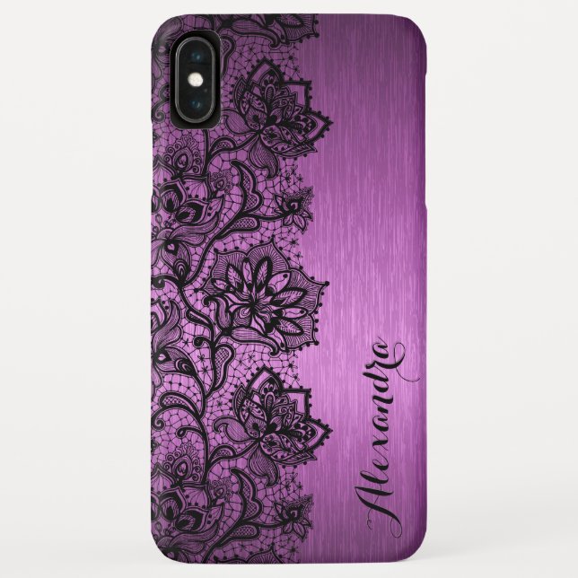 Purple Brushed Aluminum & Black Floral Lace Case-Mate iPhone Case (Back)