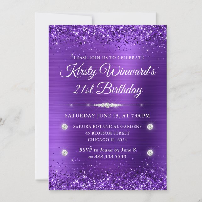Purple Brushed Metal and Glitter 21st Birthday Invitation (Front)