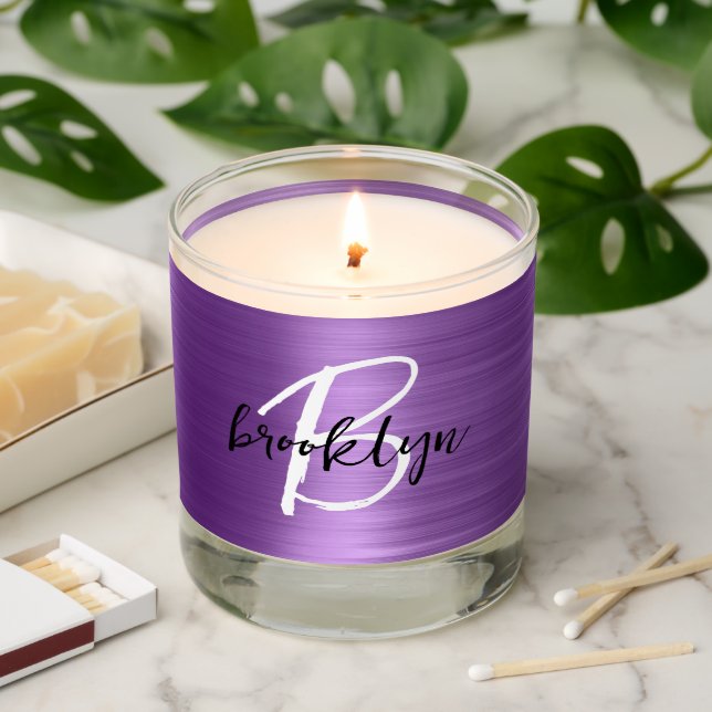 Purple Brushed Metal Black White Monogram Scented Candle (Lit)
