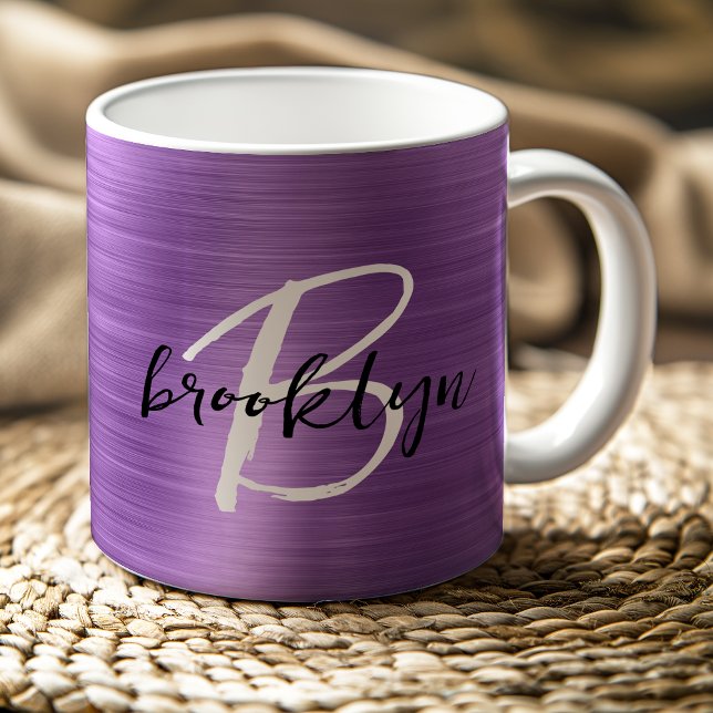 Purple Brushed Metal Black White Script Monogram  Coffee Mug (Creator Uploaded)