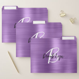 Purple Brushed Metal Black White Script Monogram File Folder