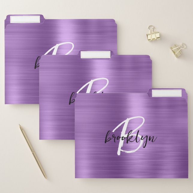 Purple Brushed Metal Black White Script Monogram File Folder (Set)