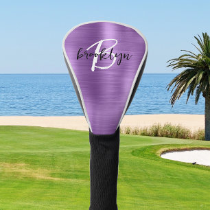 Purple Brushed Metal Black White Script Monogram Golf Head Cover