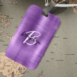 Purple Brushed Metal Black White Script Monogram  Luggage Tag<br><div class="desc">This elegant personalized luggage tag feature a monogram and first name in modern black and white script on a trendy purple brushed metal background.</div>