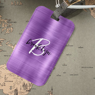 Purple Brushed Metal Black White Script Monogram Luggage Tag