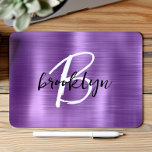 Purple Brushed Metal Black White Script Monogram  Mouse Pad<br><div class="desc">This elegant personalized mouse pad features a monogram and first name in modern black and white script on a trendy purple brushed metal background.</div>