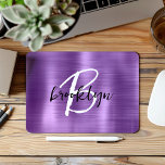 Purple Brushed Metal Black White Script Monogram  Mouse Pad<br><div class="desc">This elegant personalized mouse pad features a monogram and first name in modern black and white script on a trendy purple brushed metal background.</div>