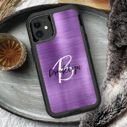 Purple Brushed Metal Black White Script Monogram iPhone 15 Pro Max Case