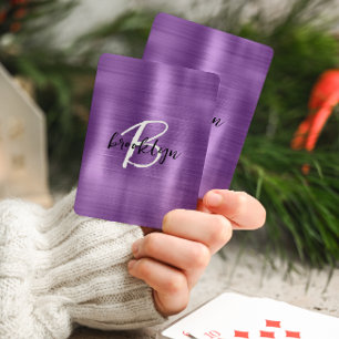 Purple Brushed Metal Black White Script Monogram Poker Cards