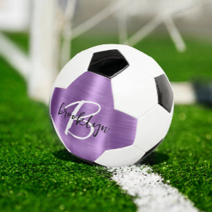 Purple Brushed Metal Black White Script Monogram  Soccer Ball