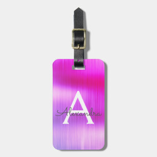 Purple Brushed Metal Monogram Name and Initial Luggage Tag