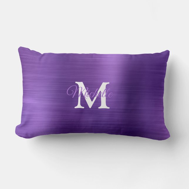 Purple Brushed Metal Personalized Monogram Lumbar Pillow (Front)