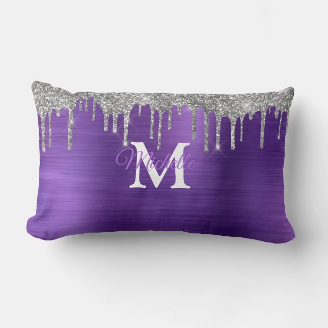 Purple Brushed Metal Personalized Monogram Lumbar Pillow (Front)