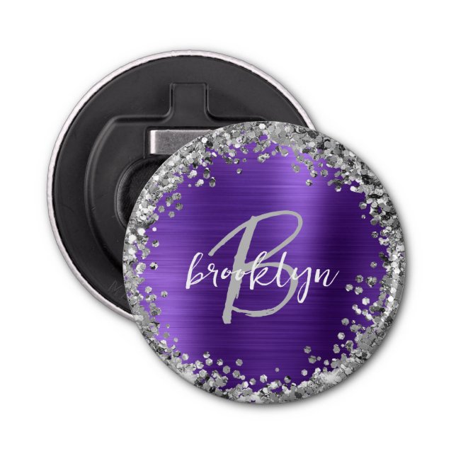Purple Brushed Metal Silver Glitter Monogram  Bottle Opener (Front)