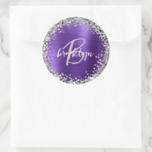 Purple Brushed Metal Silver Glitter Monogram Classic Round Sticker