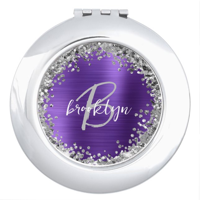 Purple Brushed Metal Silver Glitter Monogram  Compact Mirror (Front)