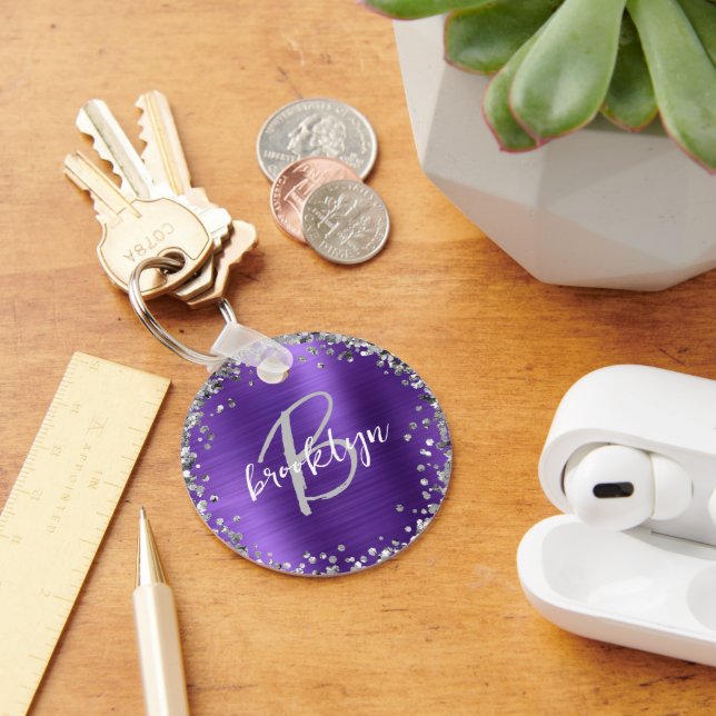 Purple Brushed Metal Silver Glitter Monogram  Keychain (Desk)