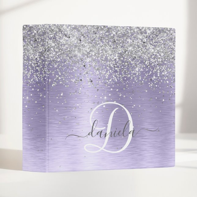 Purple Brushed Metal Silver Glitter Monogram Name 3 Ring Binder (Creator Uploaded)