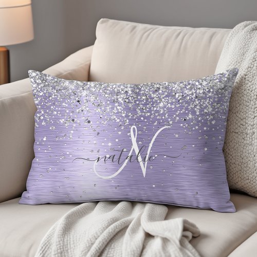 Purple Brushed Metal Silver Glitter Monogram Name Accent Pillow