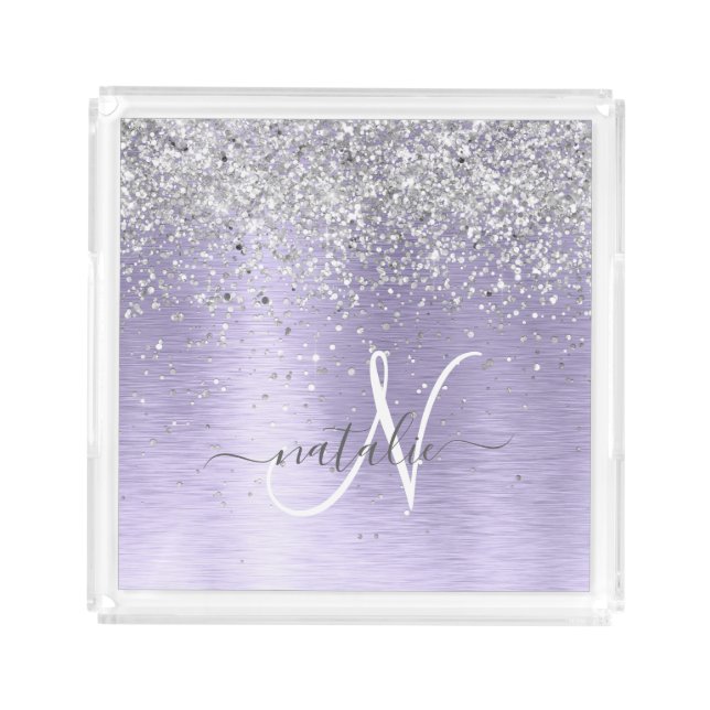 Purple Brushed Metal Silver Glitter Monogram Name Acrylic Tray (Front)