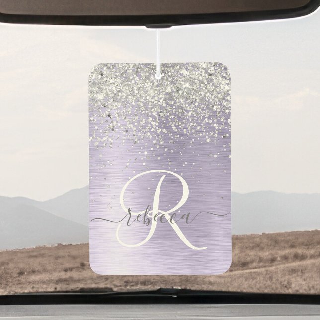 Purple Brushed Metal Silver Glitter Monogram Name Air Freshener (Creator Uploaded)