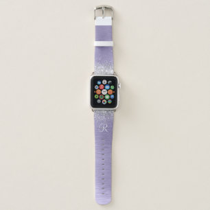 Purple Brushed Metal Silver Glitter Monogram Name Apple Watch Band