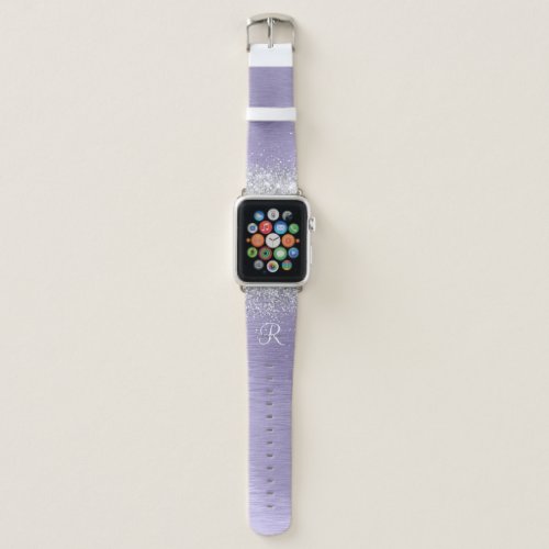 Purple Brushed Metal Silver Glitter Monogram Name Apple Watch Band
