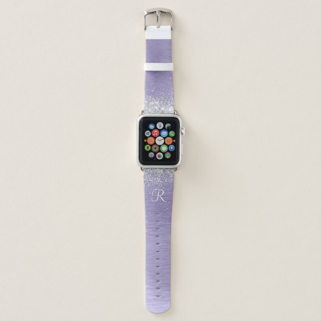 Purple Brushed Metal Silver Glitter Monogram Name Apple Watch Band (Front)