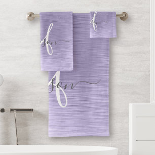 Purple Brushed Metal Silver Glitter Monogram Name Bath Towel Set