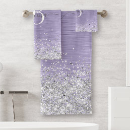 Purple Brushed Metal Silver Glitter Monogram Name Bath Towel Set