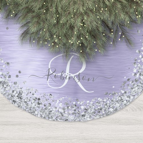 Purple Brushed Metal Silver Glitter Monogram Name Brushed Polyester Tree Skirt